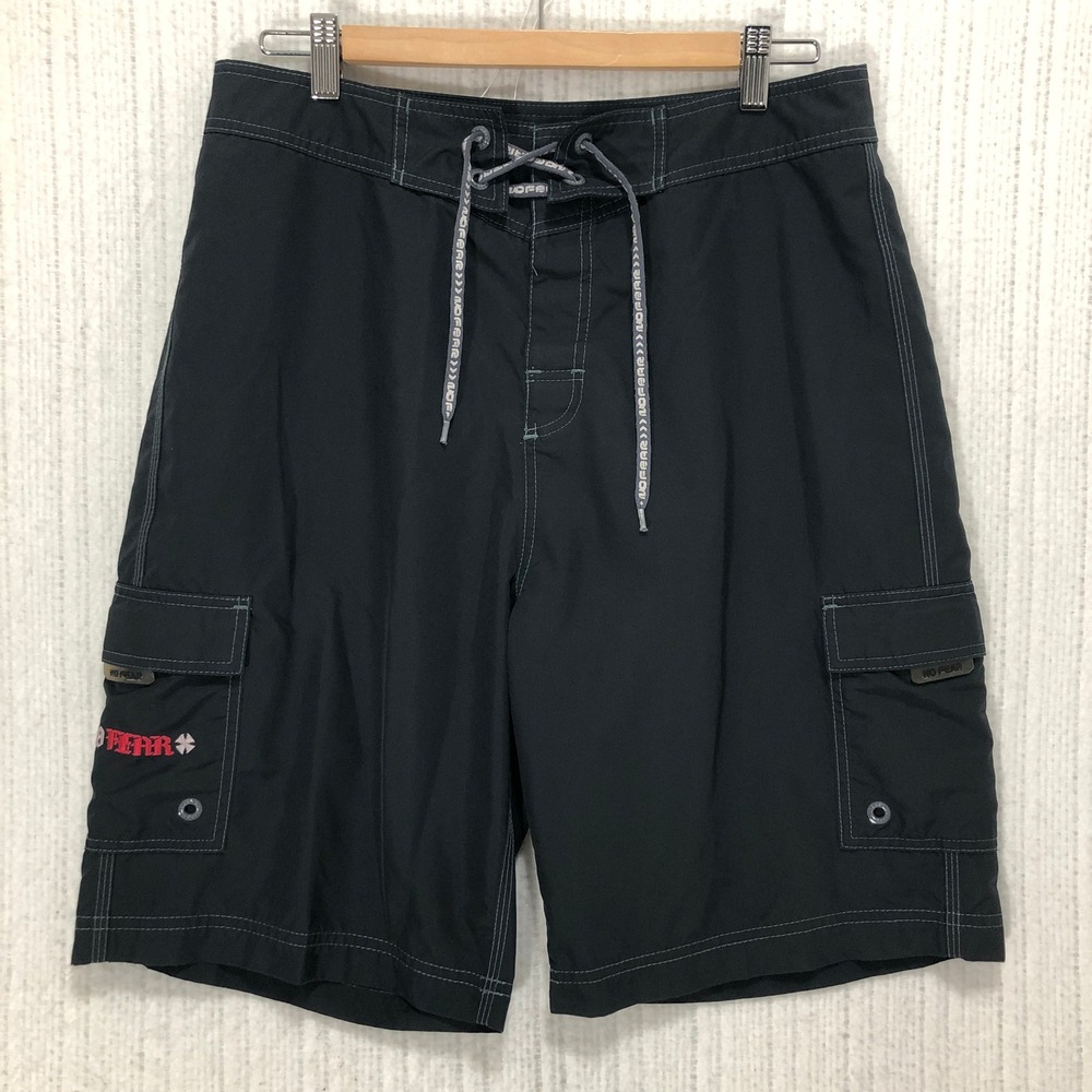 No Fear Mens Black Cargo Board Shorts Size 33 Embroidered Swim Trunks Y2K Skater